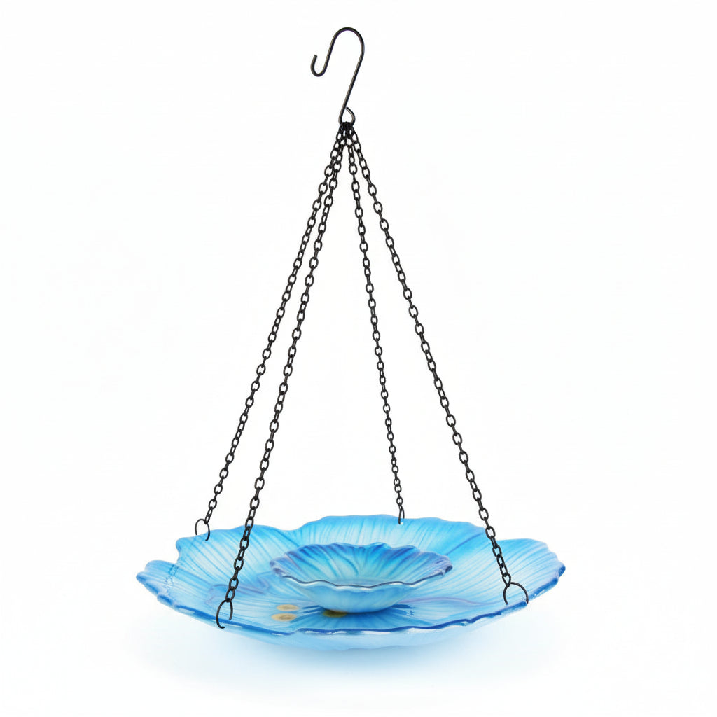 Elegante Glasschale als hängende Vogeltränke für den Garten mit rosa und blauem Farbverlauf