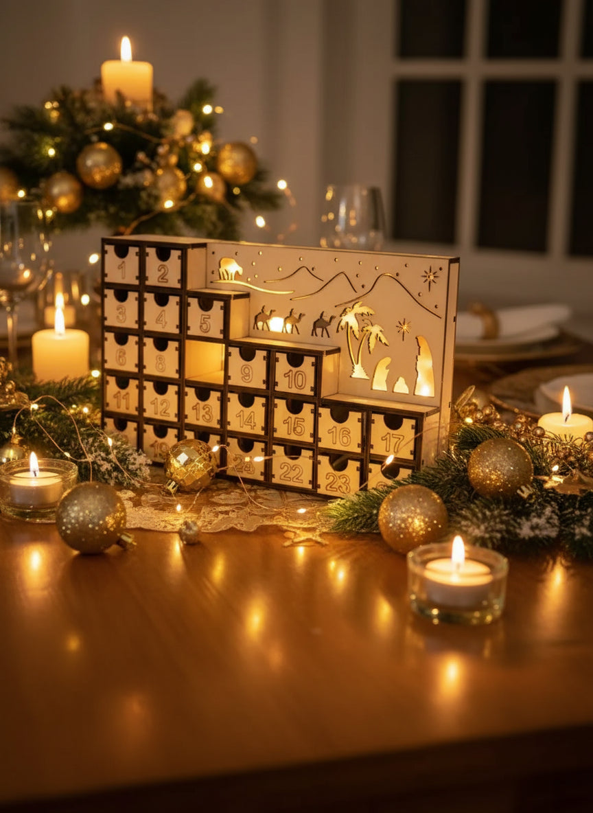 Gesamtdarstellung des Holz Adventskalenders mit LED Handgefertigt, stilvolles Geschenk für die Adventszeit.