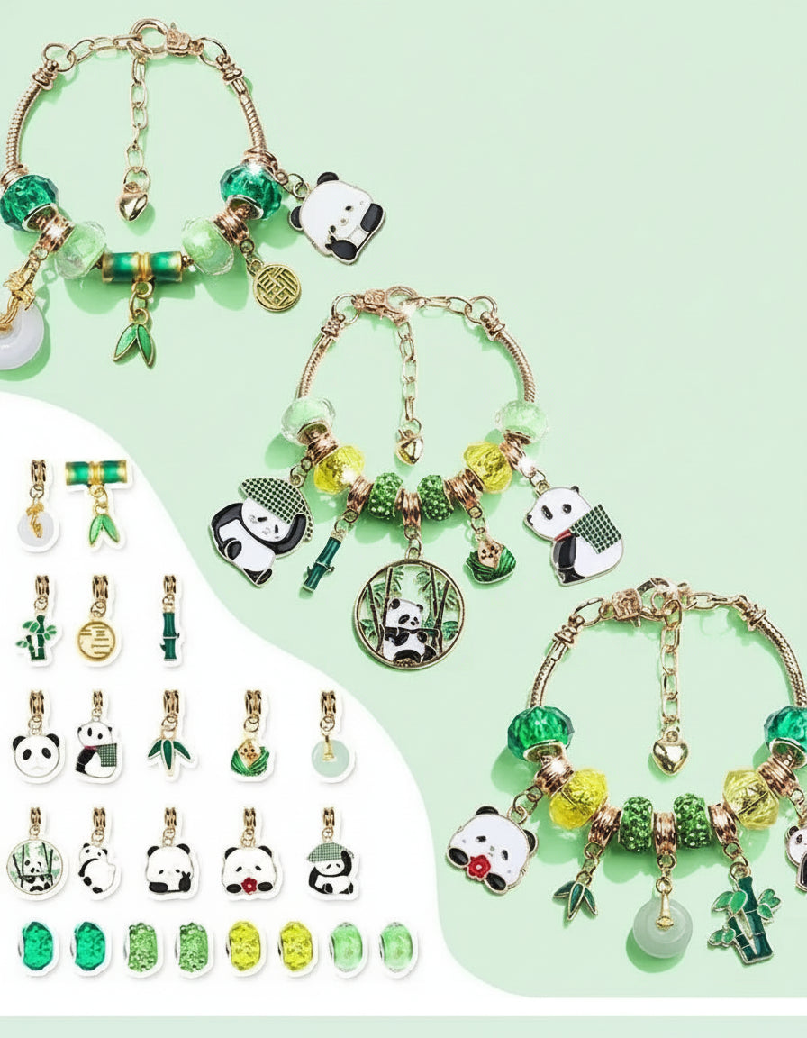 Fertige Designs aus der DIY Panda Charm Schmuckbox für Mädchen, inspiriert von kleinen Schmuckdesignerinnen.