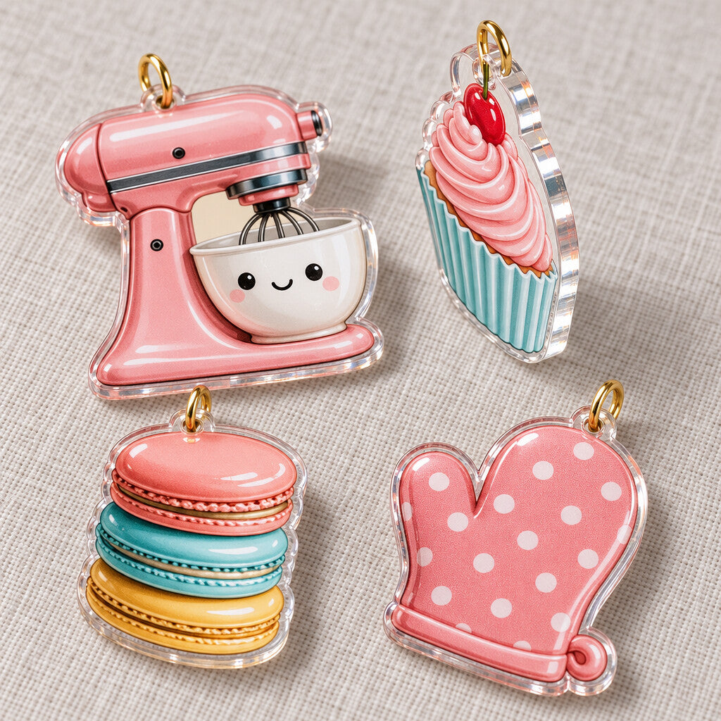 Back Adventskalender in Nahaufnahme: flache Acryl-Anhänger mit Metallöse, Küchenmaschine, Cupcake, Macarons und Ofenhandschuh