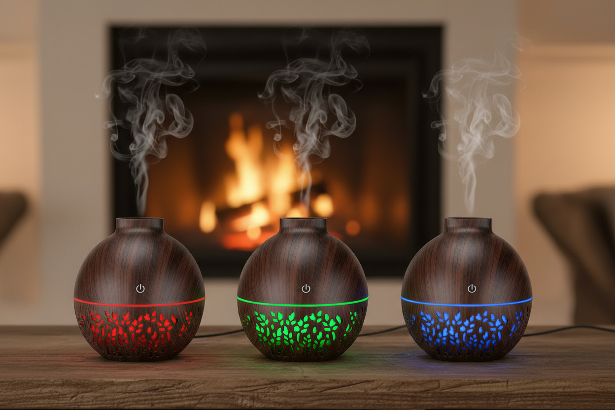 Flammen Aroma Diffuser in Aktion, zeigt den feinen Nebel zur Aromatherapie und Luftbefeuchtung.