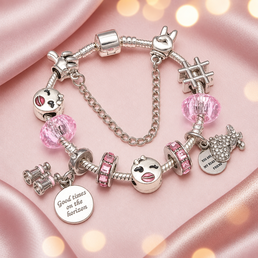 Charm-Armband Einhorn & Märchen, Design Kussmund Rosa mit Kussmund-Emojis, Fernglas und rosa Perlen