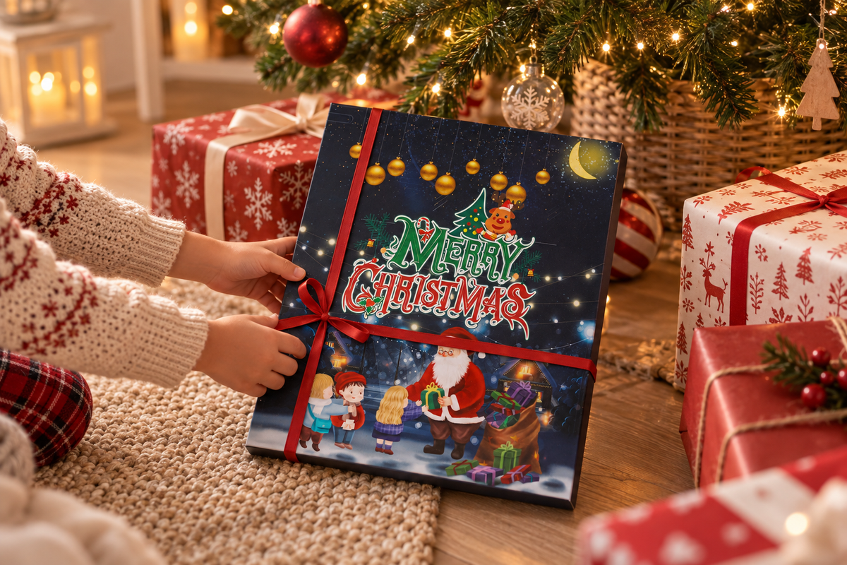 Kinderhände legen die nachtblaue Box mit roter Schleife zwischen rot-weisse Geschenke