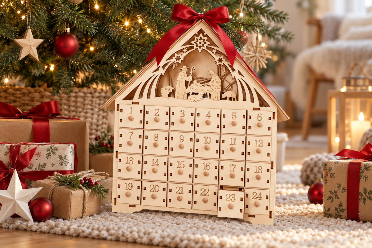 Krippenhaus aus hellem Holz mit roter Masche auf dem Dach, auf Strickteppich vor dem Tannenbaum