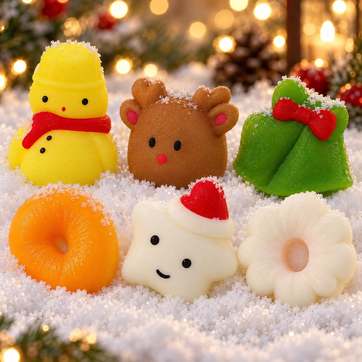 Nahaufnahme Squishies Schneemann, Rentier, Donut und Stern im Schnee