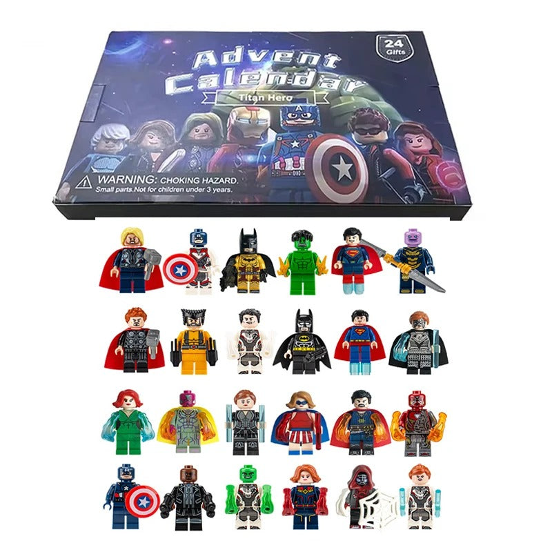 Marvel Adventskalender Titan Hero, Auswahl 3: Minifiguren Thor, Captain America, Thanos, Vision, Black Widow, Superman und Batman in Gold