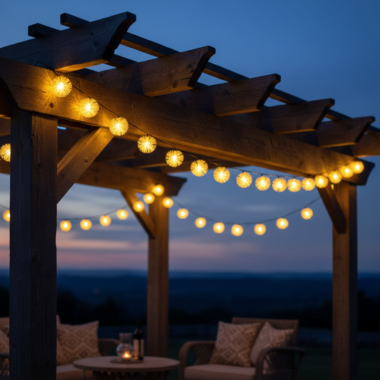 Solar Lichterkette mit runden Kugellichtern an einer Holzpergola in der Dämmerung über einer Sitzecke