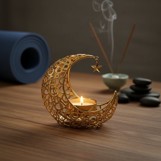 Kleine Weihnachtsgeschenke: goldener Mond-Teelichthalter mit brennender Kerze, Räucherstäbchen und Steinen