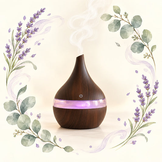 Aroma Diffuser in dunkler Holzoptik mit lila Lichtring und feinem Duftnebel, umrahmt von gemaltem Lavendel und Eukalyptus