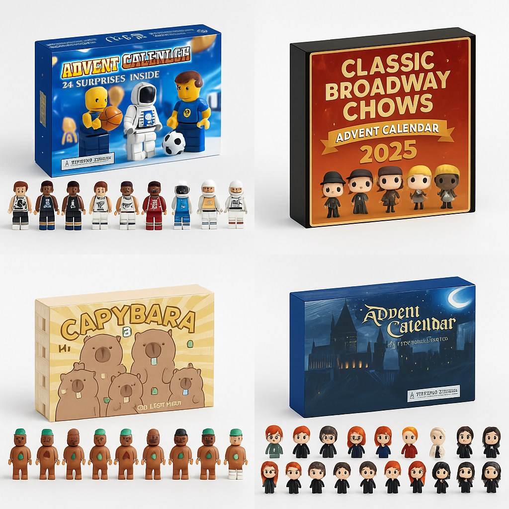 Adventskalender Minifiguren 2025 mit verschiedenen Themen wie Capybara, Star Wars, Minecraft und mehr, die süsse Überraschungen und Mini-Figuren für Sammler und Fans bieten.