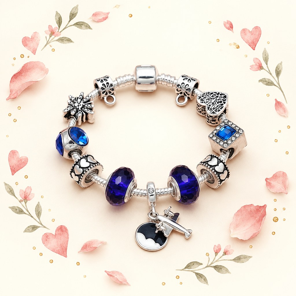 Charm Armband mit Herz-Anhängern und blauen Perlen