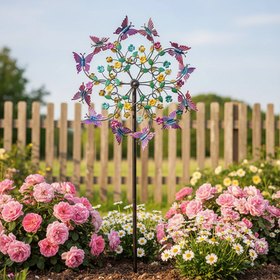Windrad Schmetterling aus Metall mit bunten Blüten vor Holzzaun und rosa Rosen im sommerlichen Garten