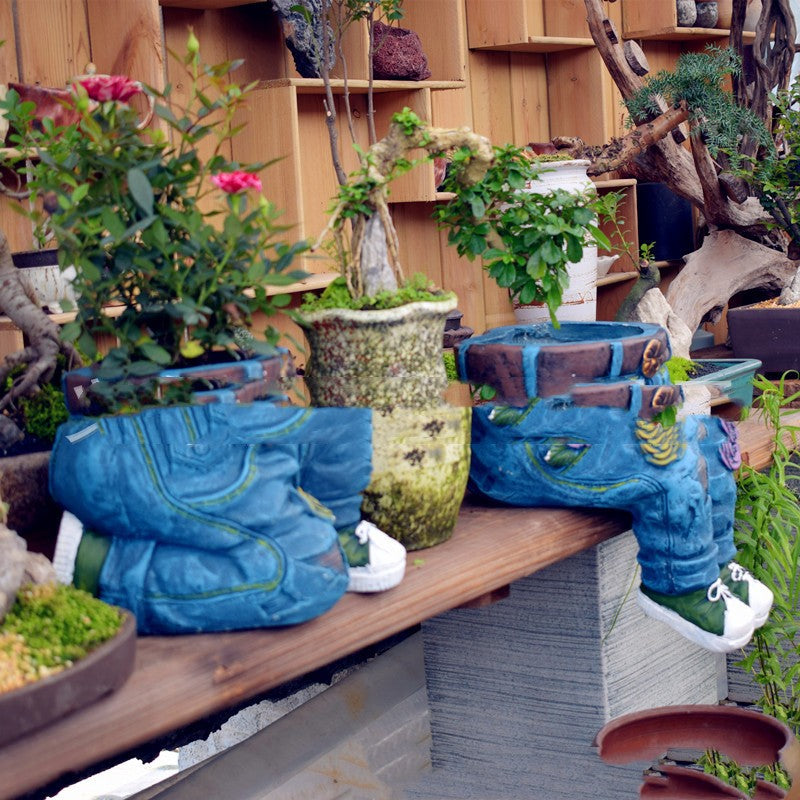 Jeans Blumentopf Gartenfigur Pflanzgefäss Deko