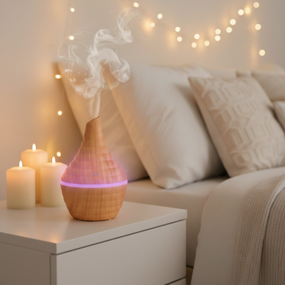 Mini Aroma Diffuser USB Holzoptik mit integriertem LED Farbwechsel, sorgt für stimmungsvolle Atmosphäre.