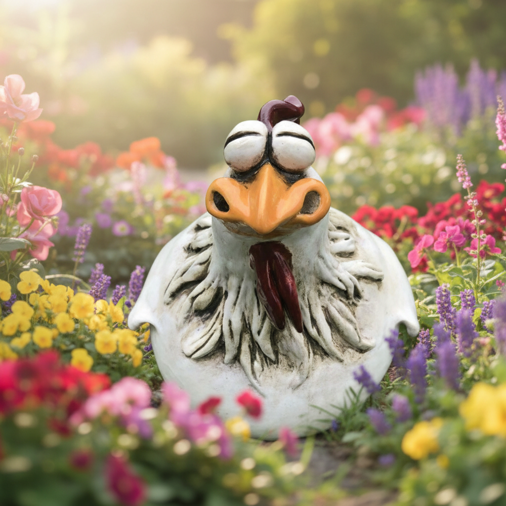 Gartenfigur Huhn im Garten – Hühnerfigur Kunstharz mit Bokeh Hintergrund