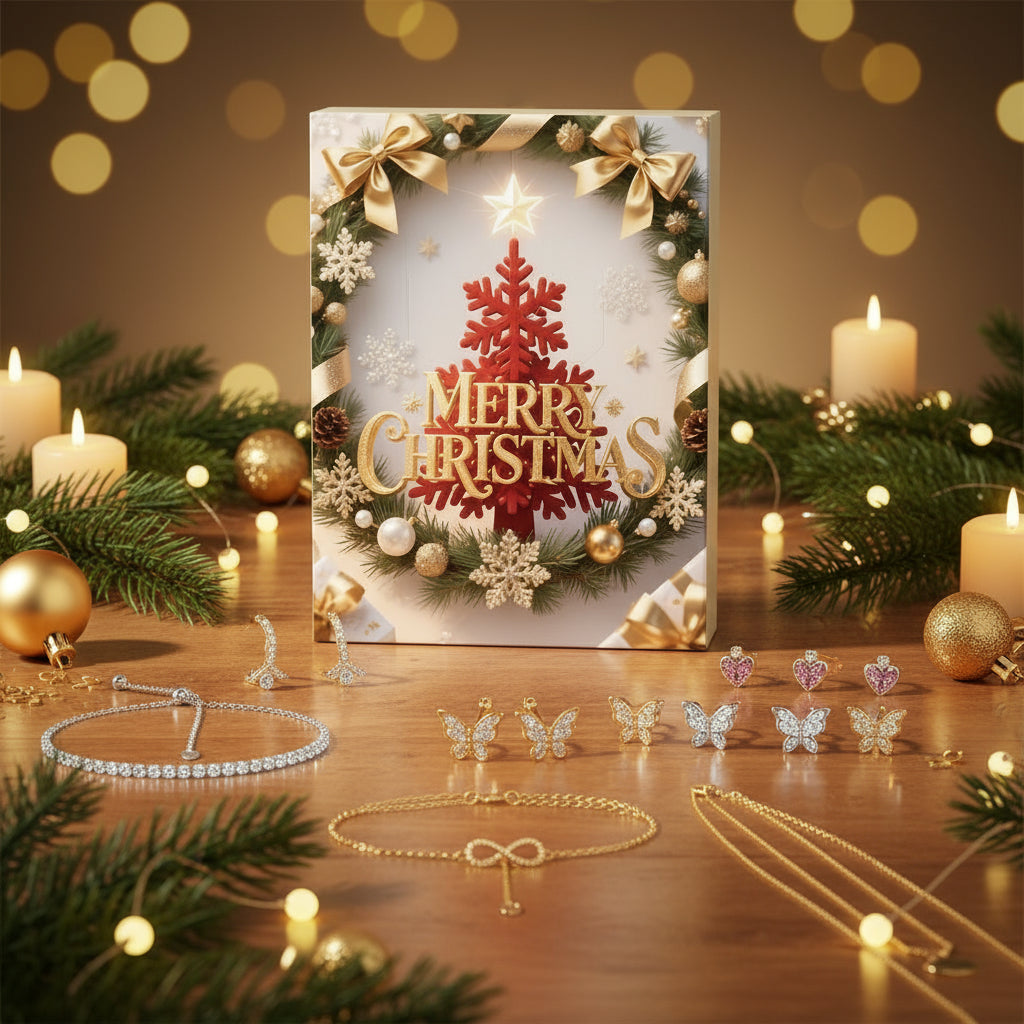 Festlicher Schmuck Adventskalender 2025 mit eleganten Halsketten, Ringen, Ohrringen und Armbändern, ideal für festliche Anlässe.