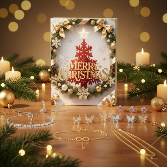 Festlicher Schmuck Adventskalender 2025 mit eleganten Halsketten, Ringen, Ohrringen und Armbändern, ideal für festliche Anlässe.