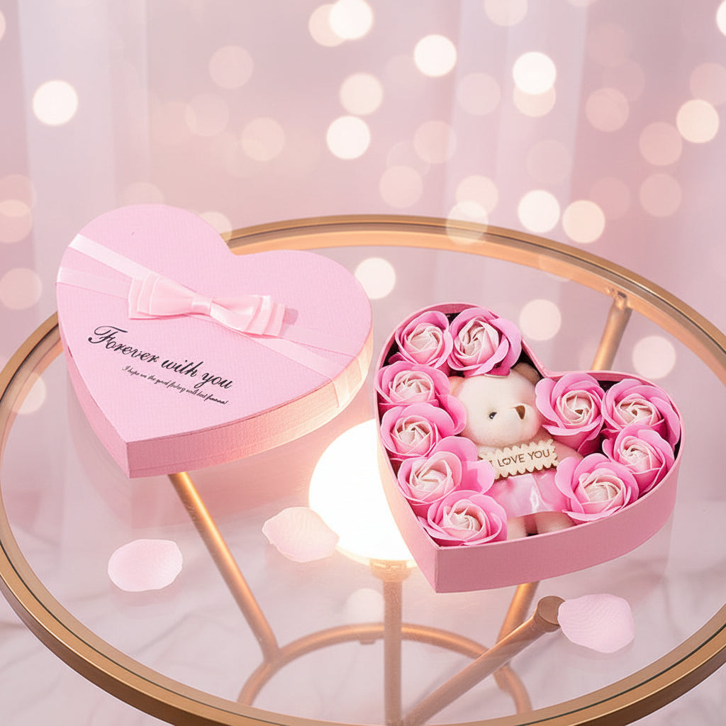 Herzförmige Rosenbox in Altrosa – Kunstblumen Box Altrosa elegant