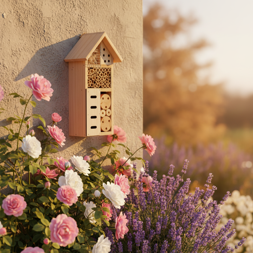 Kompaktes Insektenhotel kaufen — Massivholz Bienenhotel an Gartenwand neben blühender Hecke