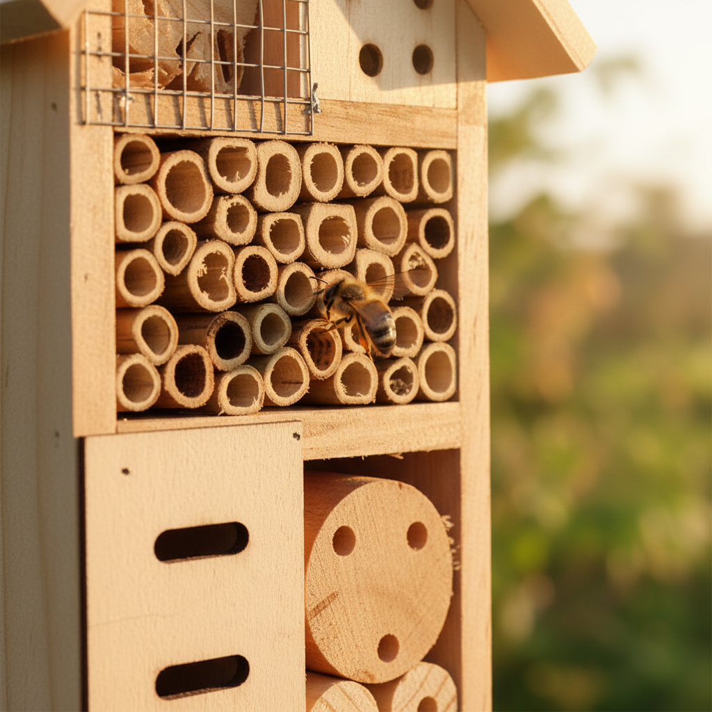 Insektenhotel aus Massivholz 20cm mit Bohrlöchern als Nisthilfe für Wildbienen im sonnigen Garten