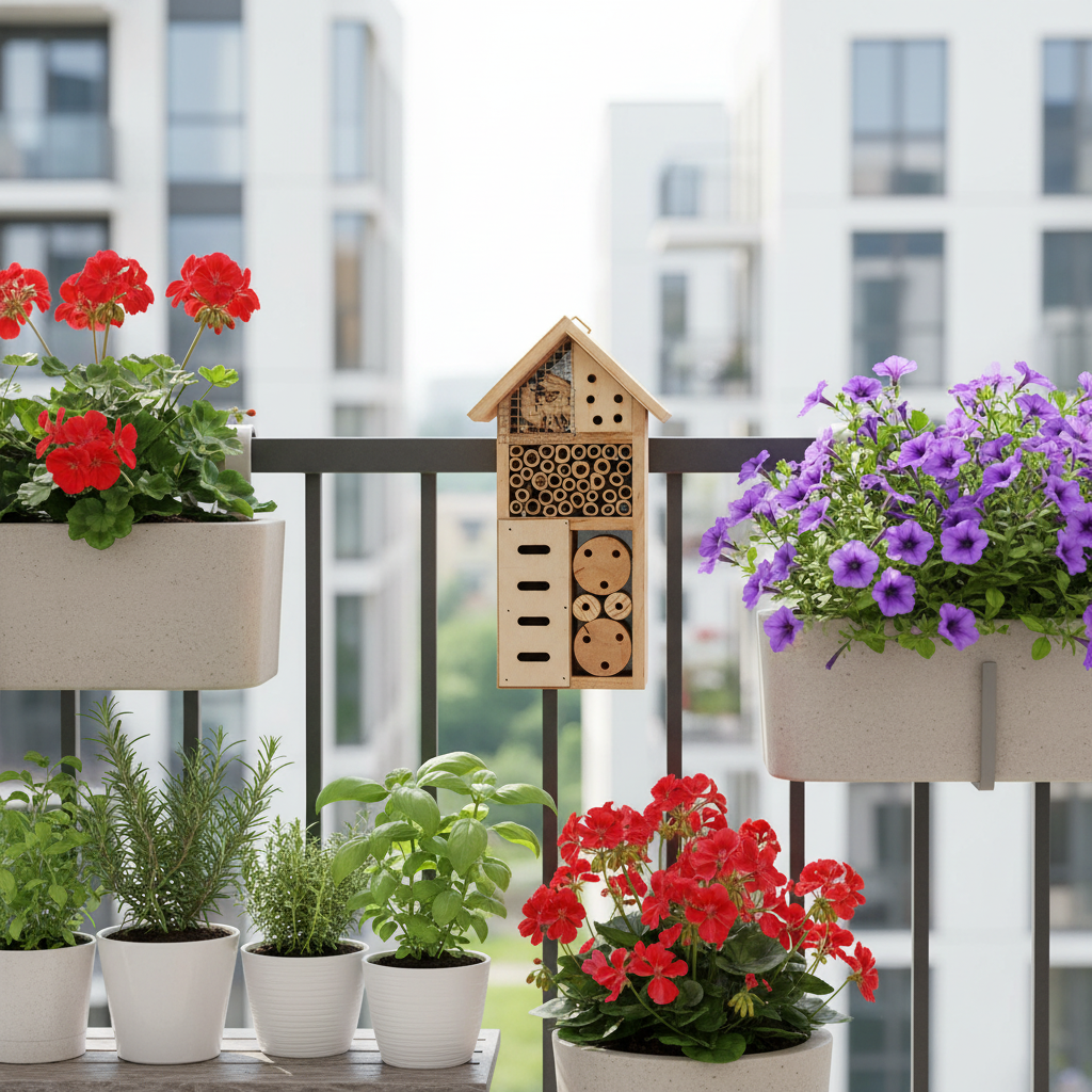 Wildbienen Nisthilfe aus unbehandeltem Holz im Blumenbeet zwischen Lavendel und Wildblumen