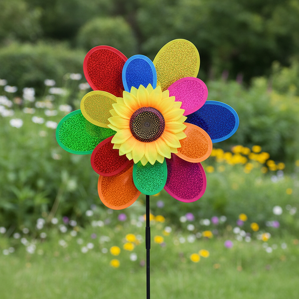 Buntes Windspiel Sonnenblume im Blumengarten – Regenbogenfarben im Wind