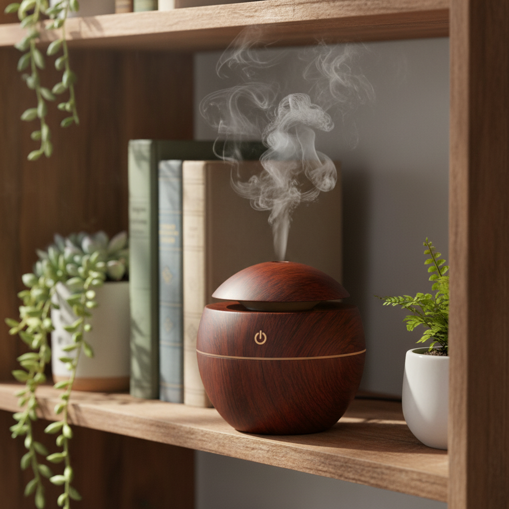 Mini Aroma Diffuser Holzoptik, verbessert die Luftqualität mit negativen Ionen.