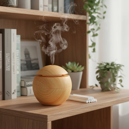 Mini Aroma Diffuser Holz, USB-betrieben und flüsterleise, ideal für Büro und Schlafzimmer.
