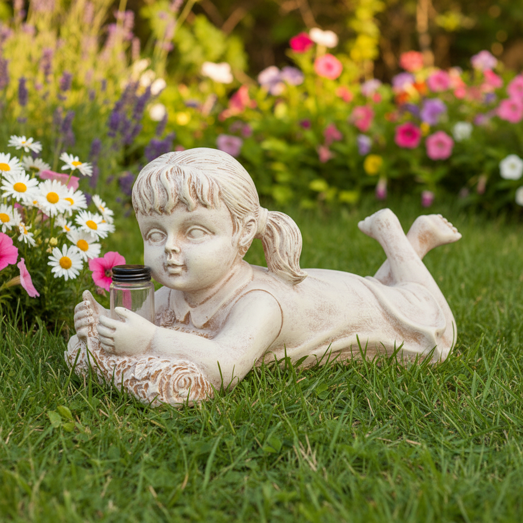 Solar Gartenfigur Junge mit Glühwürmchen – Automatisches Nachtlicht für Garten & Terrasse