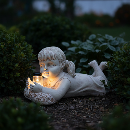 Solar Gartenfigur Mädchen mit Glühwürmchen – Warmes Licht bei Dämmerung, kabellos