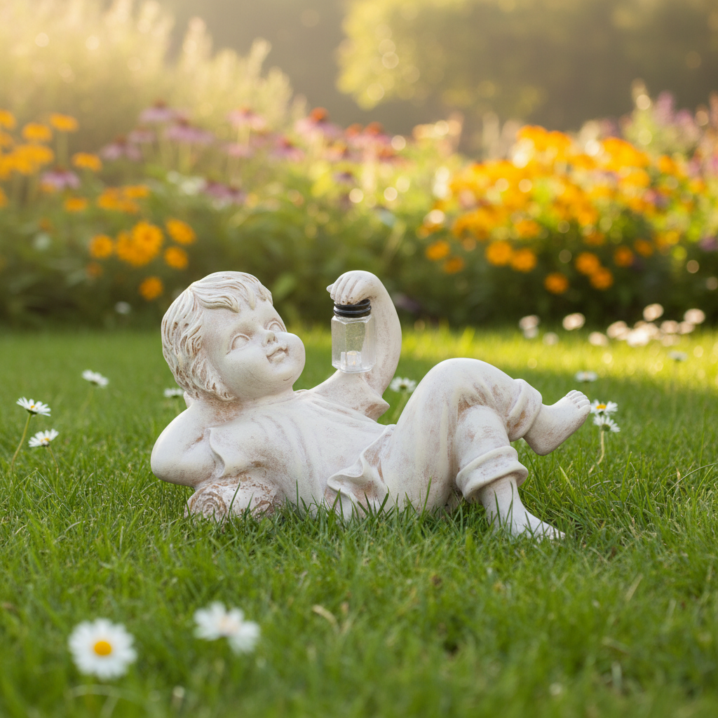 Harz Gartenfigur Kind – Detailreiche Handbemalung, wetterfest für Dauereinsatz im Freien