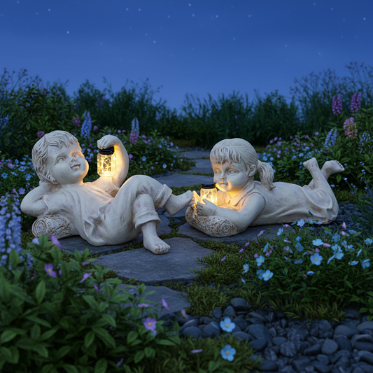Solar Gartenfigur Kind mit Glühwürmchen – Junge und Mädchen als Harz Deko für Garten