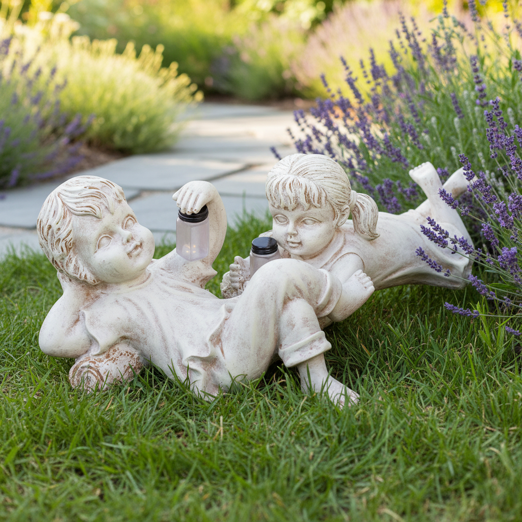 Solar Gartenfigur Mädchen liegend – 20,5×9,5×11 cm, Kunstharz, automatisches Licht