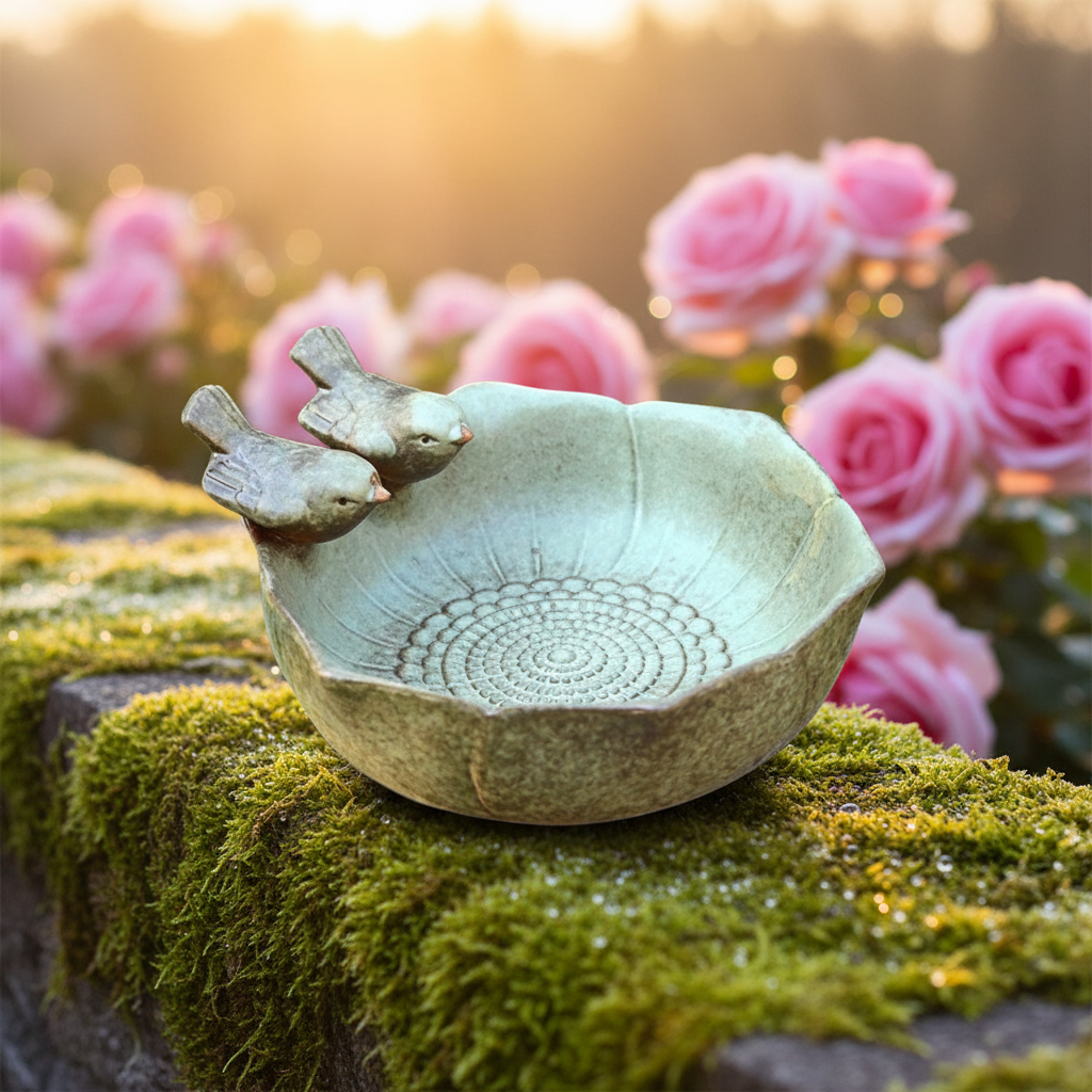 Glasierte Keramikschale als Vogelbad auf moosiger Gartenmauer mit rosa Rosen im Abendlicht