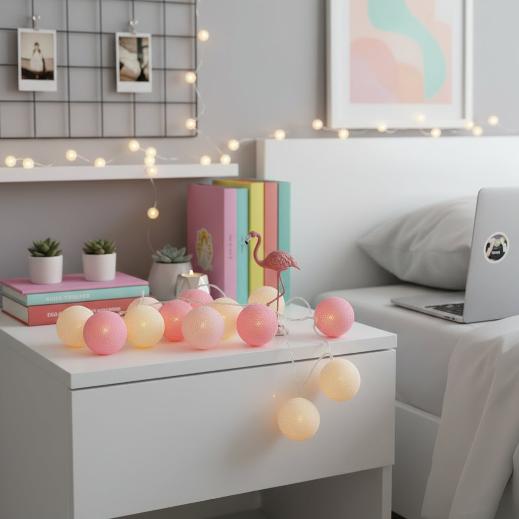 LED Baumwollkugel Lichterkette Batterie Deko mit warmem Licht und dekorativen Baumwollkugeln für eine stimmungsvolle Atmosphäre.