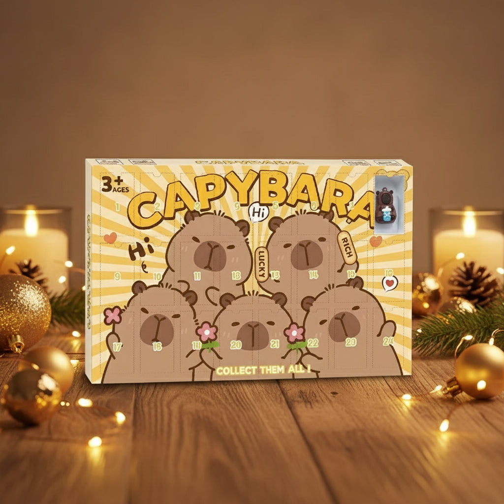 Blick auf den Capybara Adventskalender 2025 – 24 Tage voller süsser Überraschungen, der mit liebevoll gestalteten Capybara-Figuren begeistert.