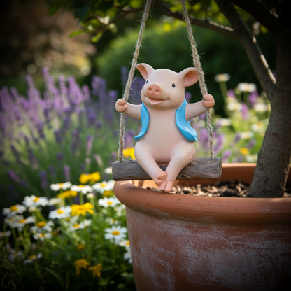 Niedliches Schwein Gartenfigur schaukelnd – Geschenkidee für Tierfreunde