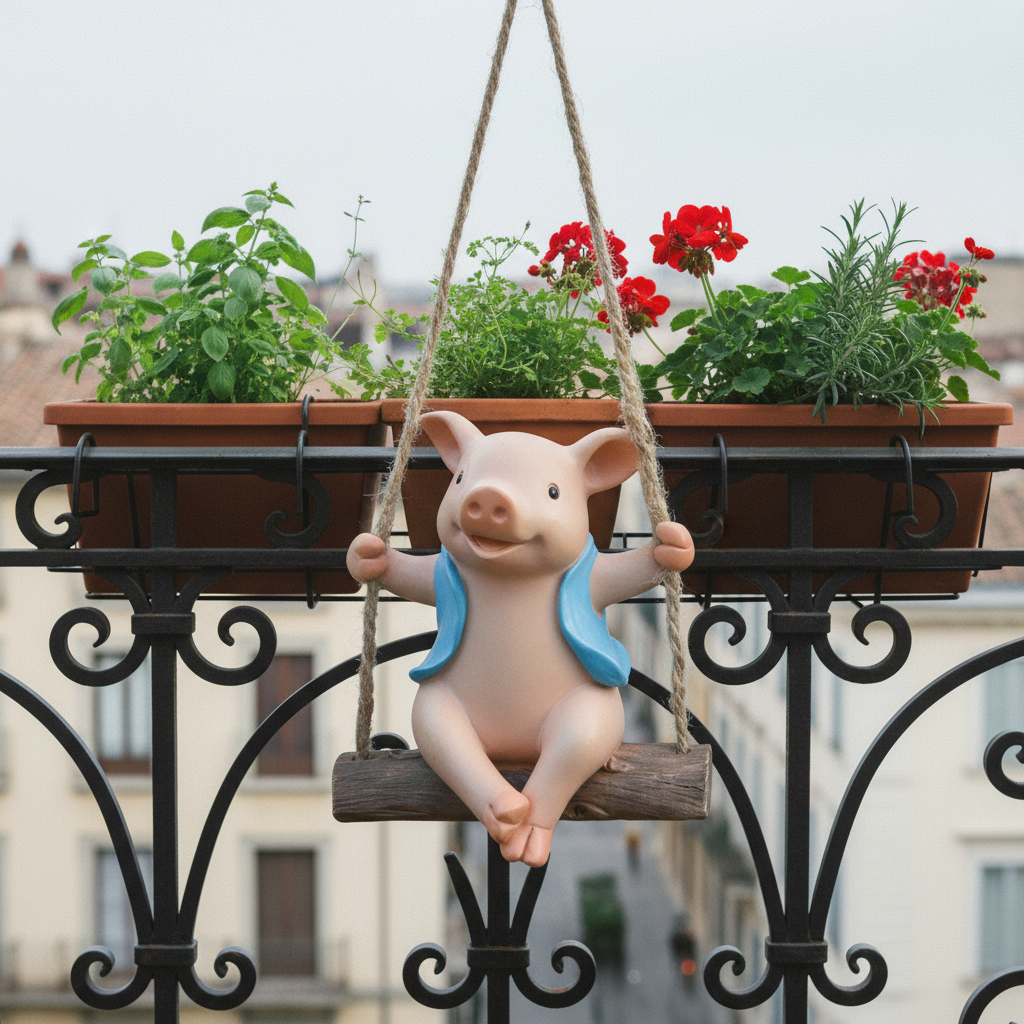 Schweinchen Dekofigur mit Schaukelbewegung – Lifestyle Garten Setting