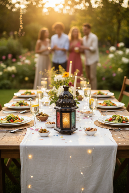 Schwarze Metall-Gartenlaterne mit bunten Glas-Panels für festliche Sommerparty und Outdoor-Deko