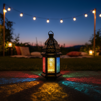Schwarze Metall-Gartenlaterne mit bunten Glasscheiben in rot, blau, grün, gelb im Marokko-Stil für Garten