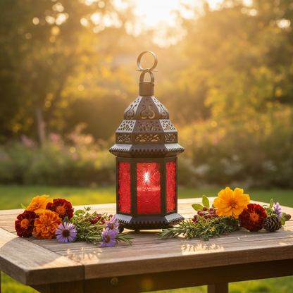 Schwarze Metall-Gartenlaterne Rot mit orientalischem Muster, windgeschützt für Terrasse und Eingang