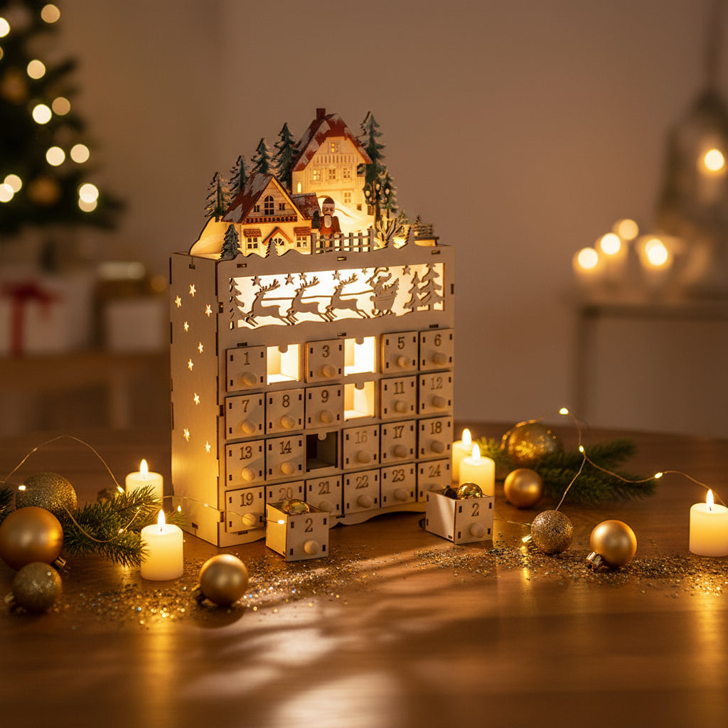 Holz-Adventskalender mit LED Licht und Kerzenschein für gemütliche Weihnachten aus FSC Mix.