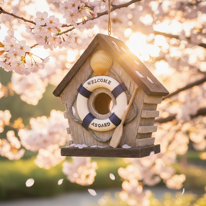 Hängender Nistkasten aus Kunstharz zwischen rosa Kirschblüten im Frühlingsgarten