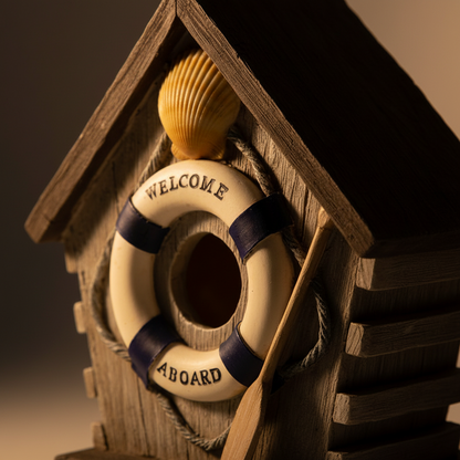 Nahaufnahme vom Nistkasten im Haus-Design mit Welcome-Aboard-Rettungsring und Muscheldeko