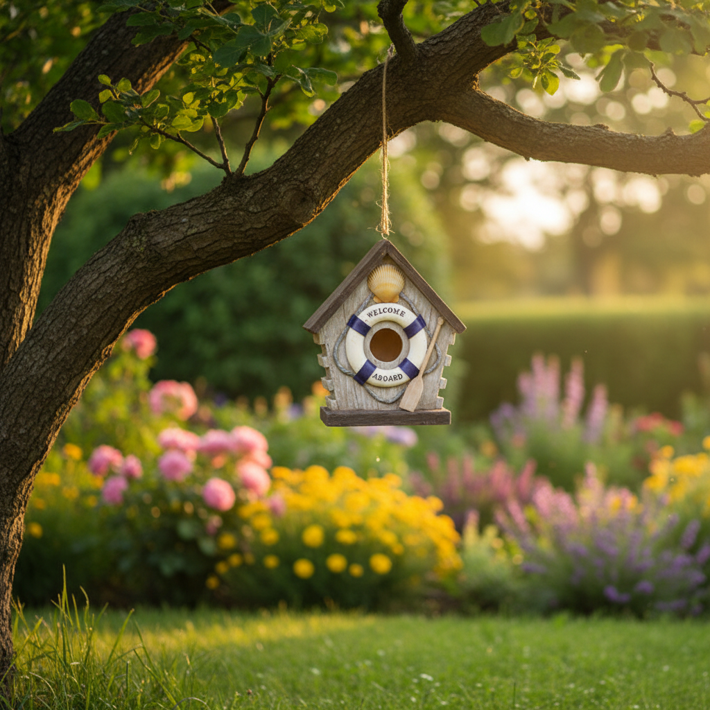 Hängendes Vogelhaus am Ast eines Baumes im blühenden Garten mit Hortensien und Abendsonne