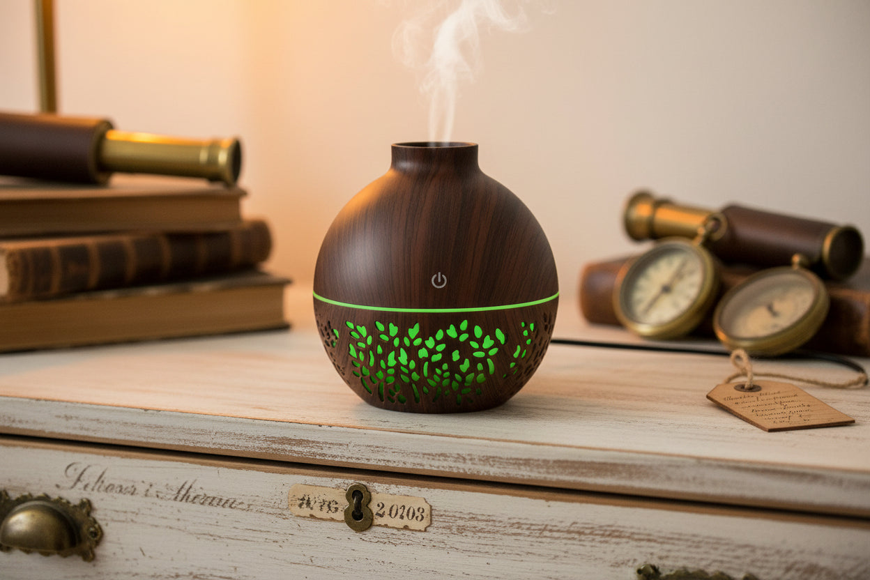 USB-betriebener Flammen Aroma Diffuser, bietet realistischen Flammeneffekt und leisen Betrieb.