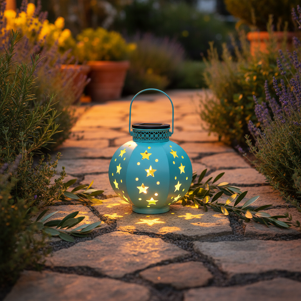 Nahaufnahme der Glasflächen einer Solar Gartenlaterne mit warmweissem LED-Schein