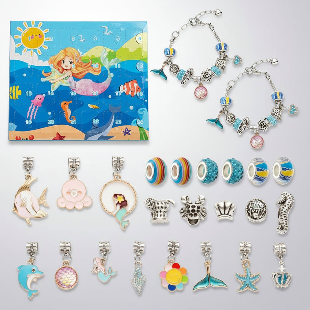 Pandora Adventskalender 2025 mit süssen kleinen Meerestiere und Anhäner mit Ketten.