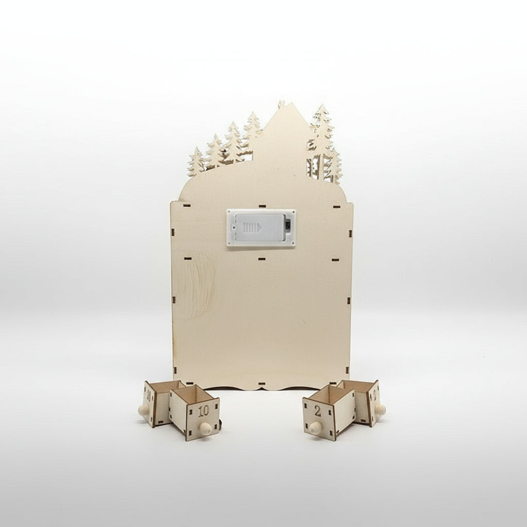 Holz-Adventskalender mit LED Batteriebetrieben.