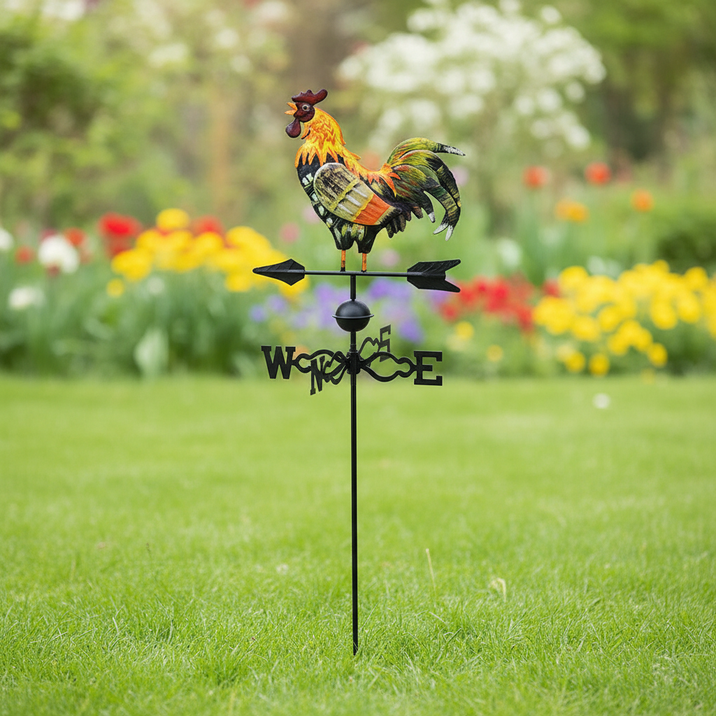 Windspiel Metall Gartenstecker mit Bauernhof-Motiv und drehendem Windrad im Blumenbeet